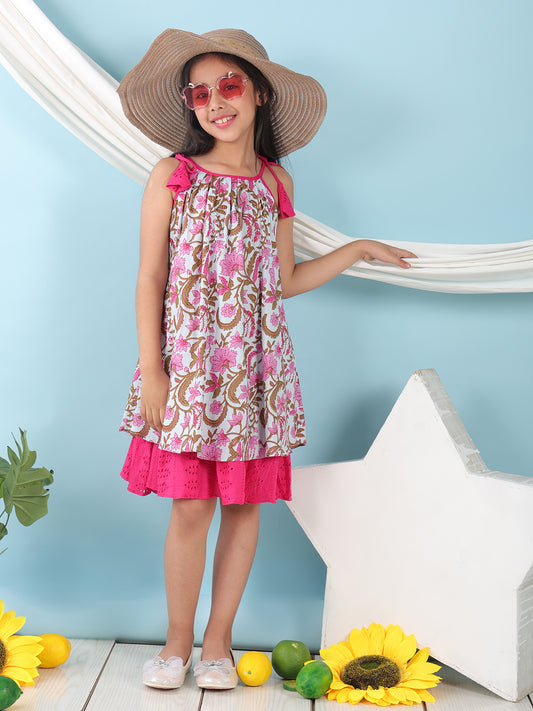 Pink cotton floral printed sleeveless layered dress