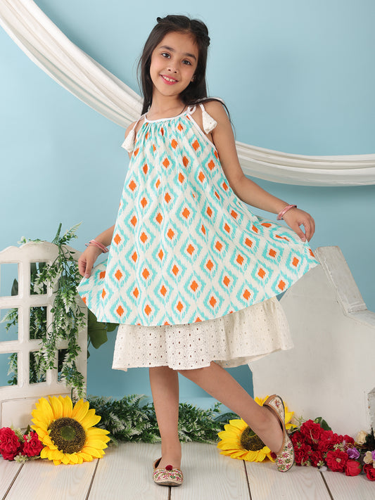 Blue cotton printed sleeveless layered dress