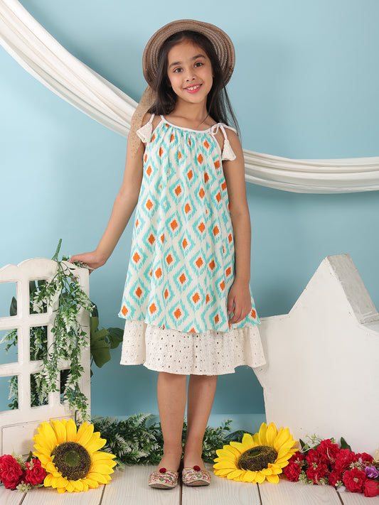 Blue cotton printed sleeveless layered dress