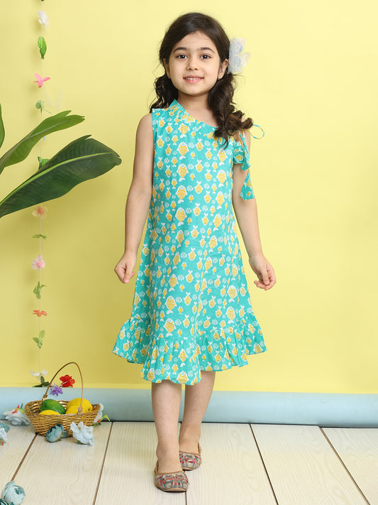 Green cotton fish printed sleeveless one shoulder dress