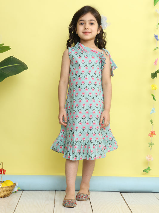 Green cotton floral printed sleeveless one shoulder dress