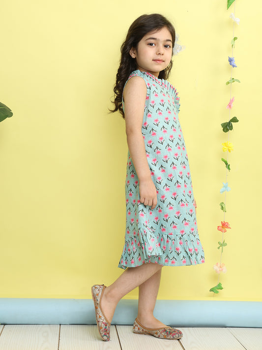 Green cotton floral printed sleeveless one shoulder dress