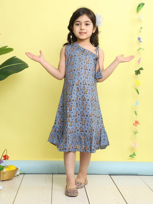 Grey cotton animal printed sleeveless one shoulder dress