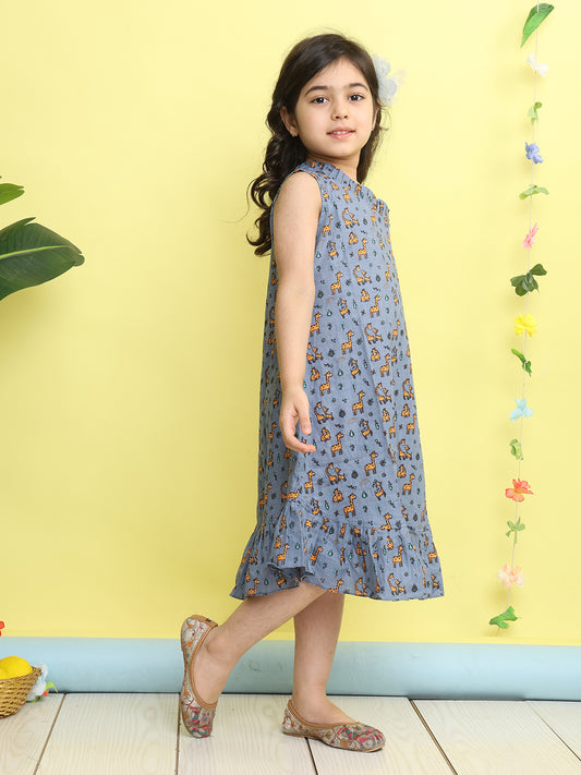 Grey cotton animal printed sleeveless one shoulder dress