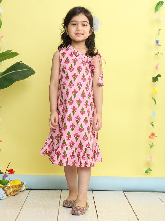 Pink cotton floral printed sleeveless one shoulder dress