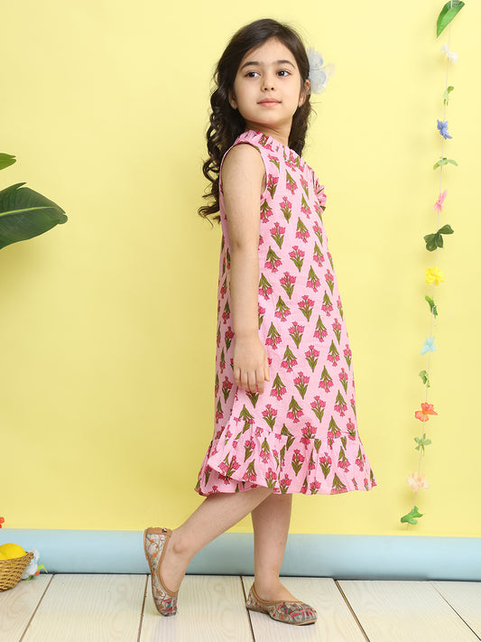 Pink cotton floral printed sleeveless one shoulder dress