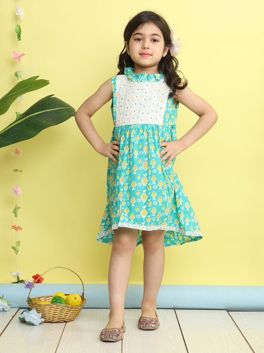 Green cotton fish printed with hakoba patch dress