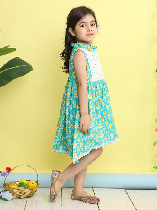 Green cotton fish printed with hakoba patch dress