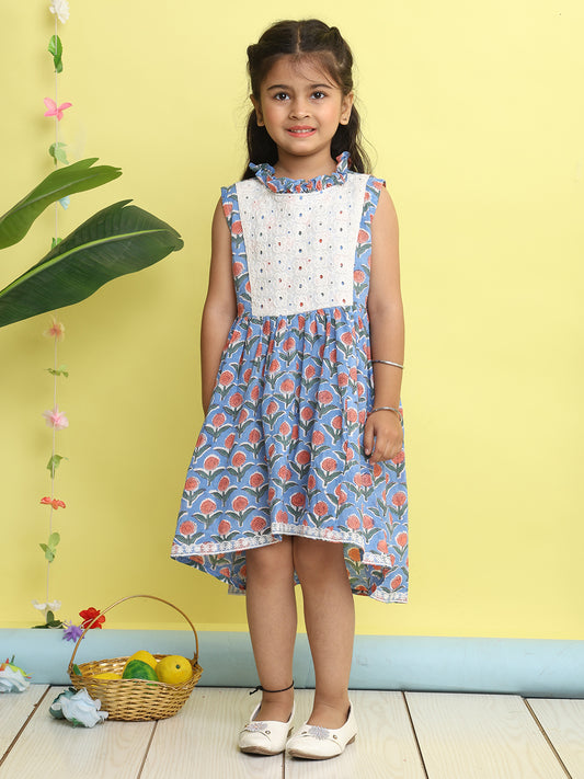 Blue pink floral printed with hakoba patch dress