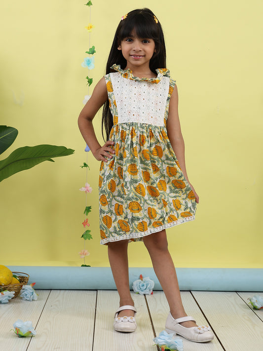 Yellow cotton floral printed with hakoba patch dress