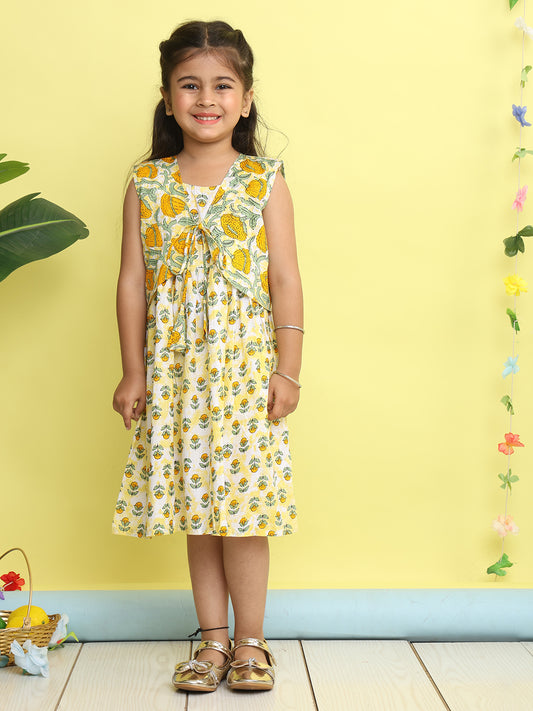 Yellow cotton floral printed Dress with sleeveless jacket