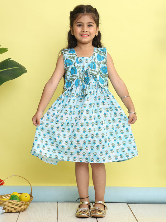 Blue cotton floral printed Dress with sleeveless jacket