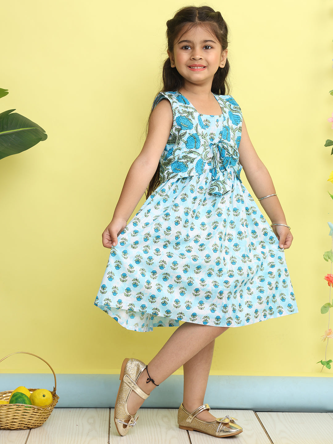 Blue cotton floral printed Dress with sleeveless jacket
