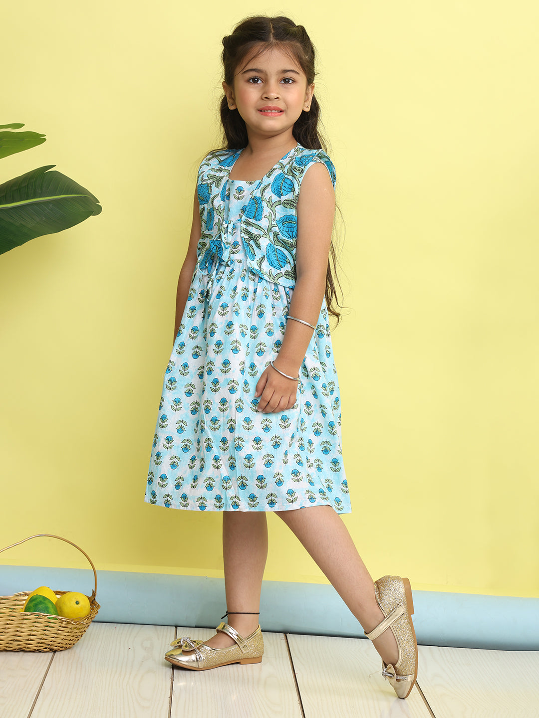 Blue cotton floral printed Dress with sleeveless jacket