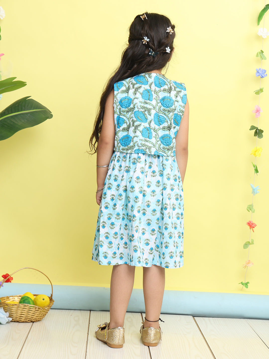 Blue cotton floral printed Dress with sleeveless jacket