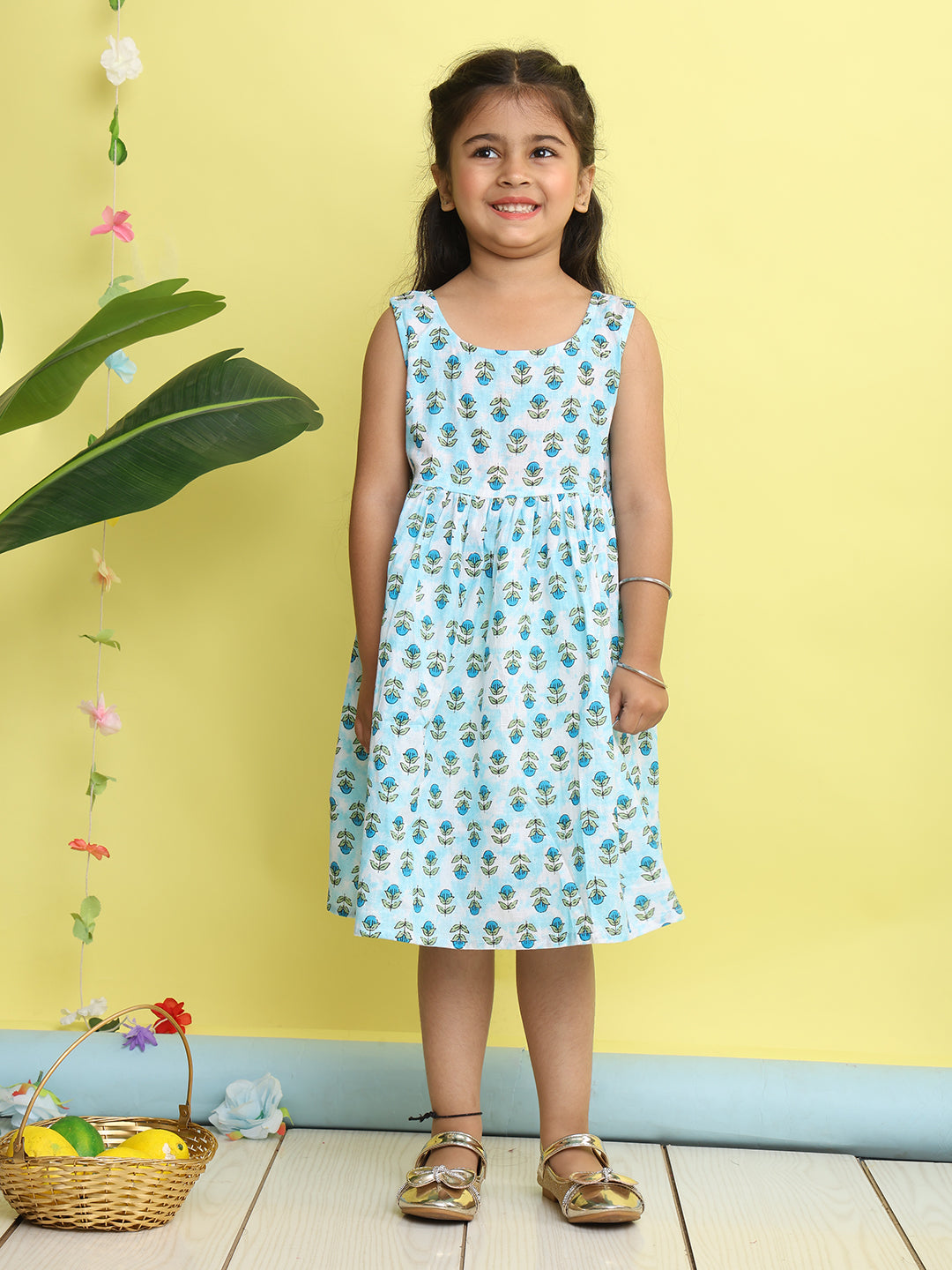 Blue cotton floral printed Dress with sleeveless jacket