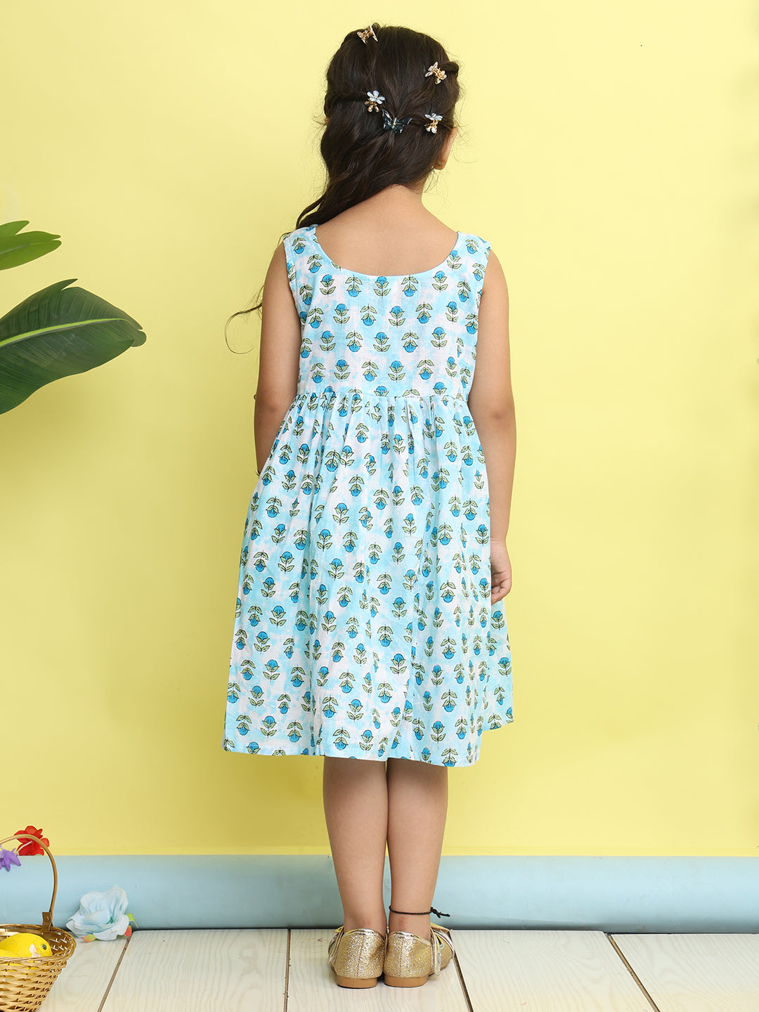 Blue cotton floral printed Dress with sleeveless jacket