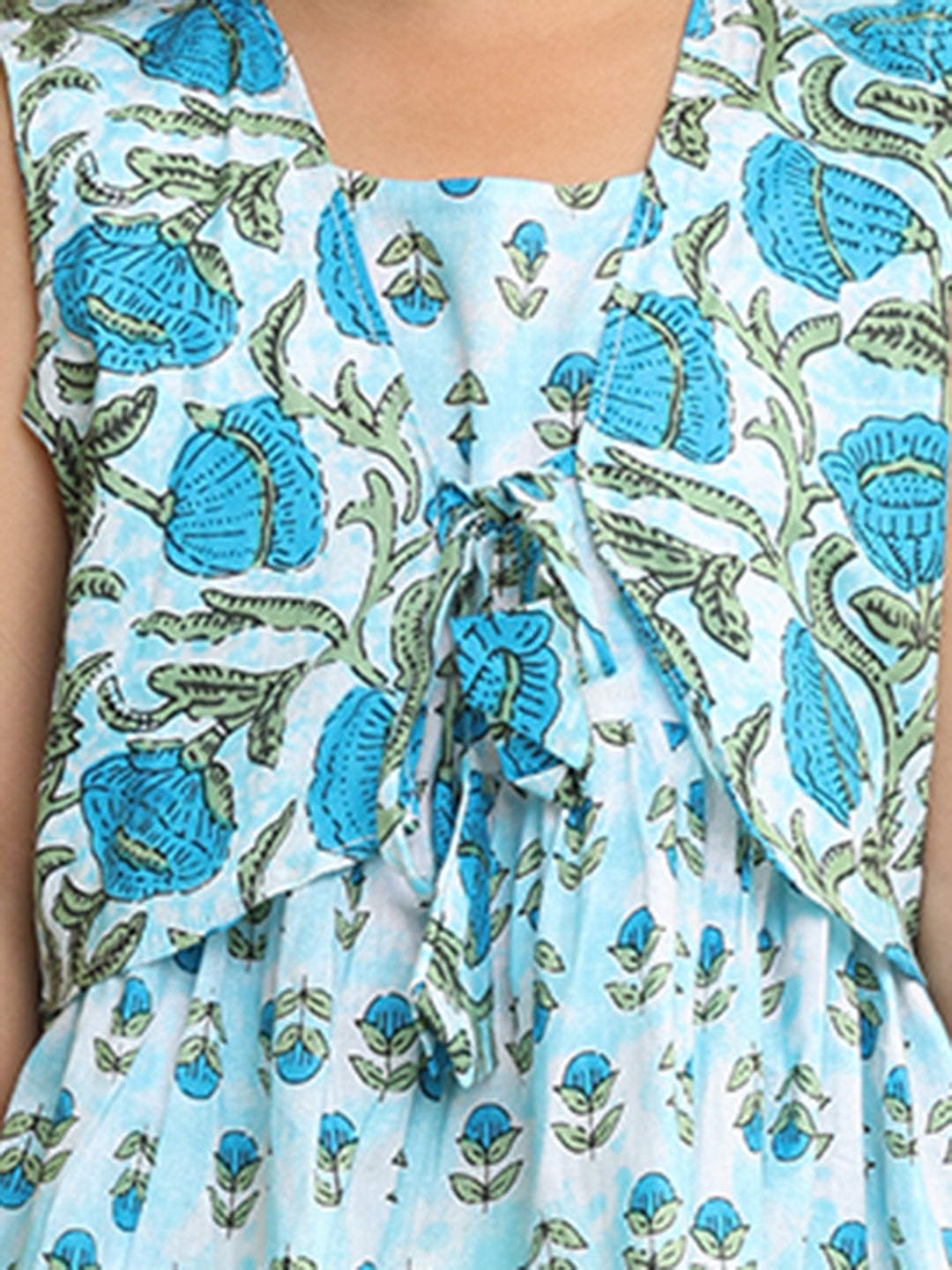 Blue cotton floral printed Dress with sleeveless jacket