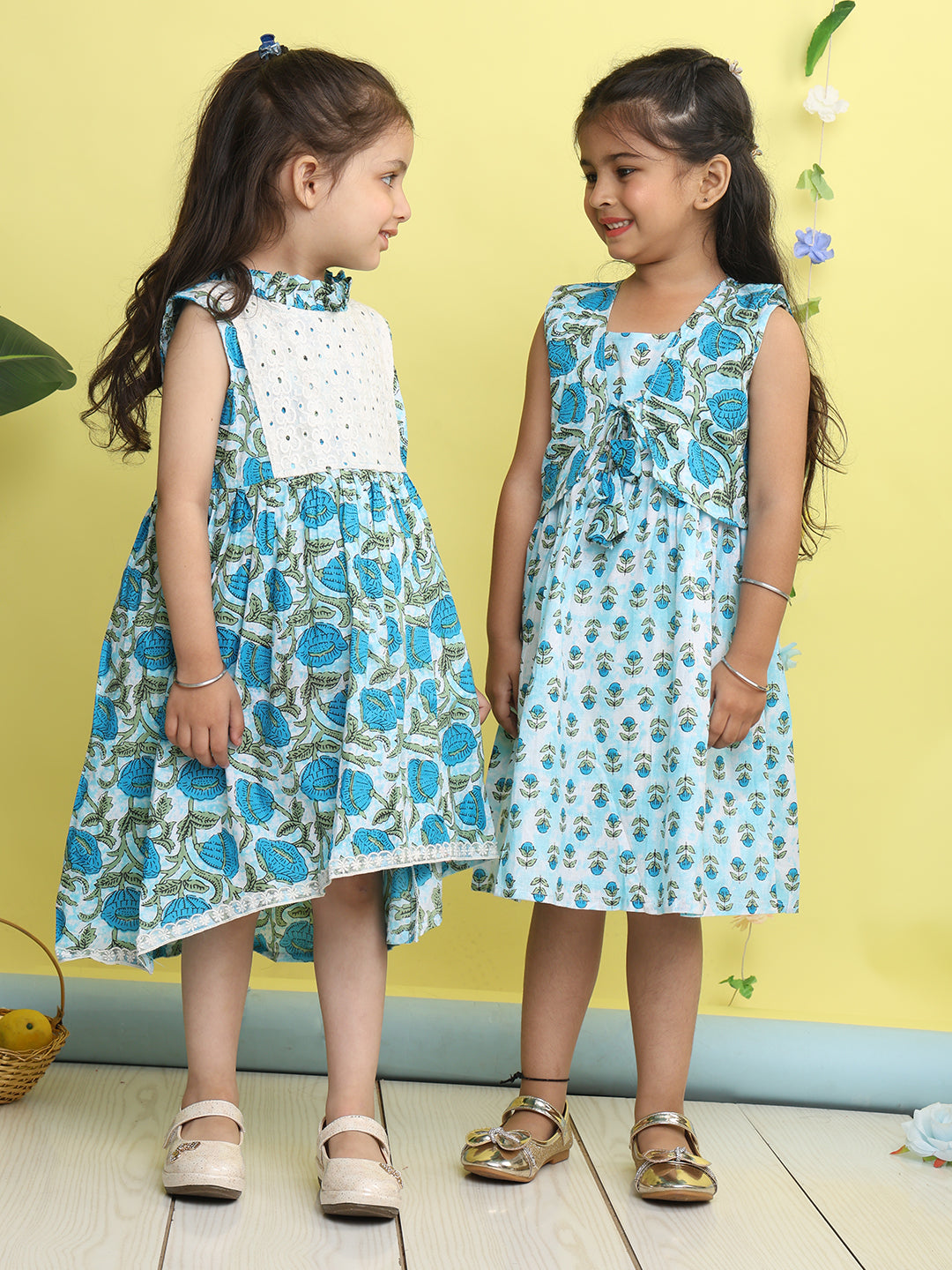 Blue cotton floral printed Dress with sleeveless jacket