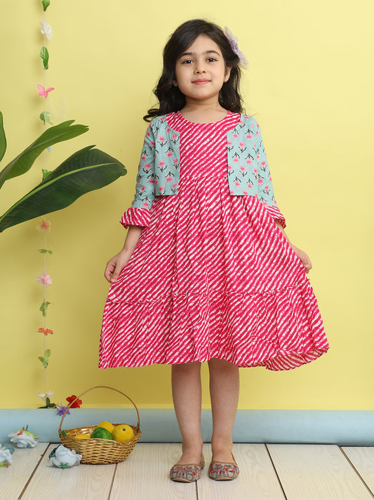 Pink cotton Lehriya printed Dress with green 3/4 sleeves jacket