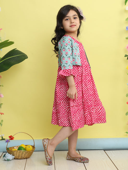 Pink cotton Lehriya printed Dress with green 3/4 sleeves jacket