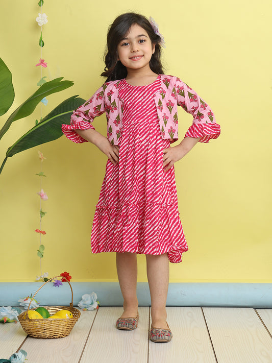 Pink cotton Lehriya printed Dress with pink 3/4 sleeves jacket
