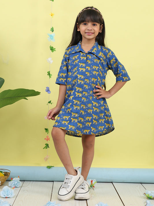 Blue cotton tiger printed 3/4 sleeves shirt Dress