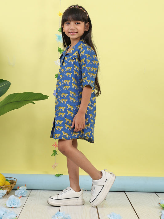 Blue cotton tiger printed 3/4 sleeves shirt Dress