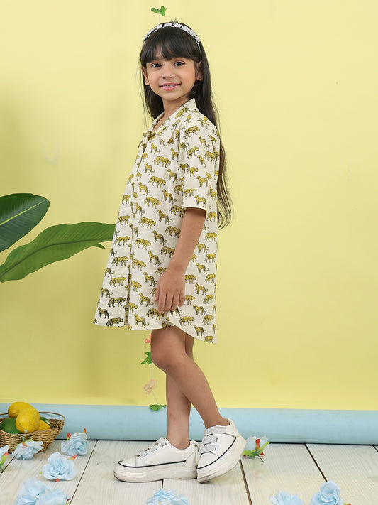 White cotton tiger printed 3/4 sleeves shirt Dress