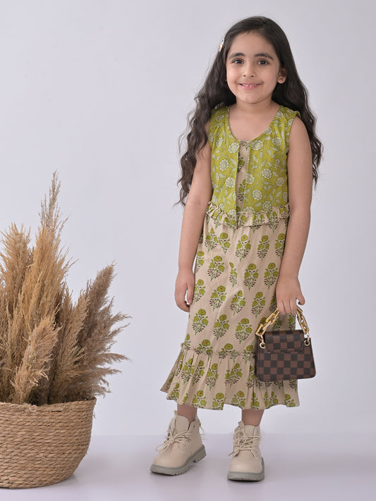 White sleeveless Dress with green printed jacket