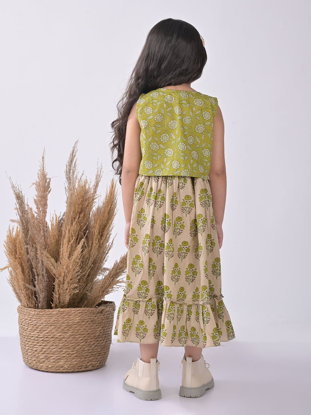 White sleeveless Dress with green printed jacket