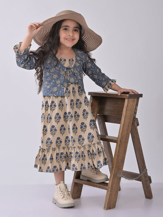 White sleeveless Dress with blue printed jacket