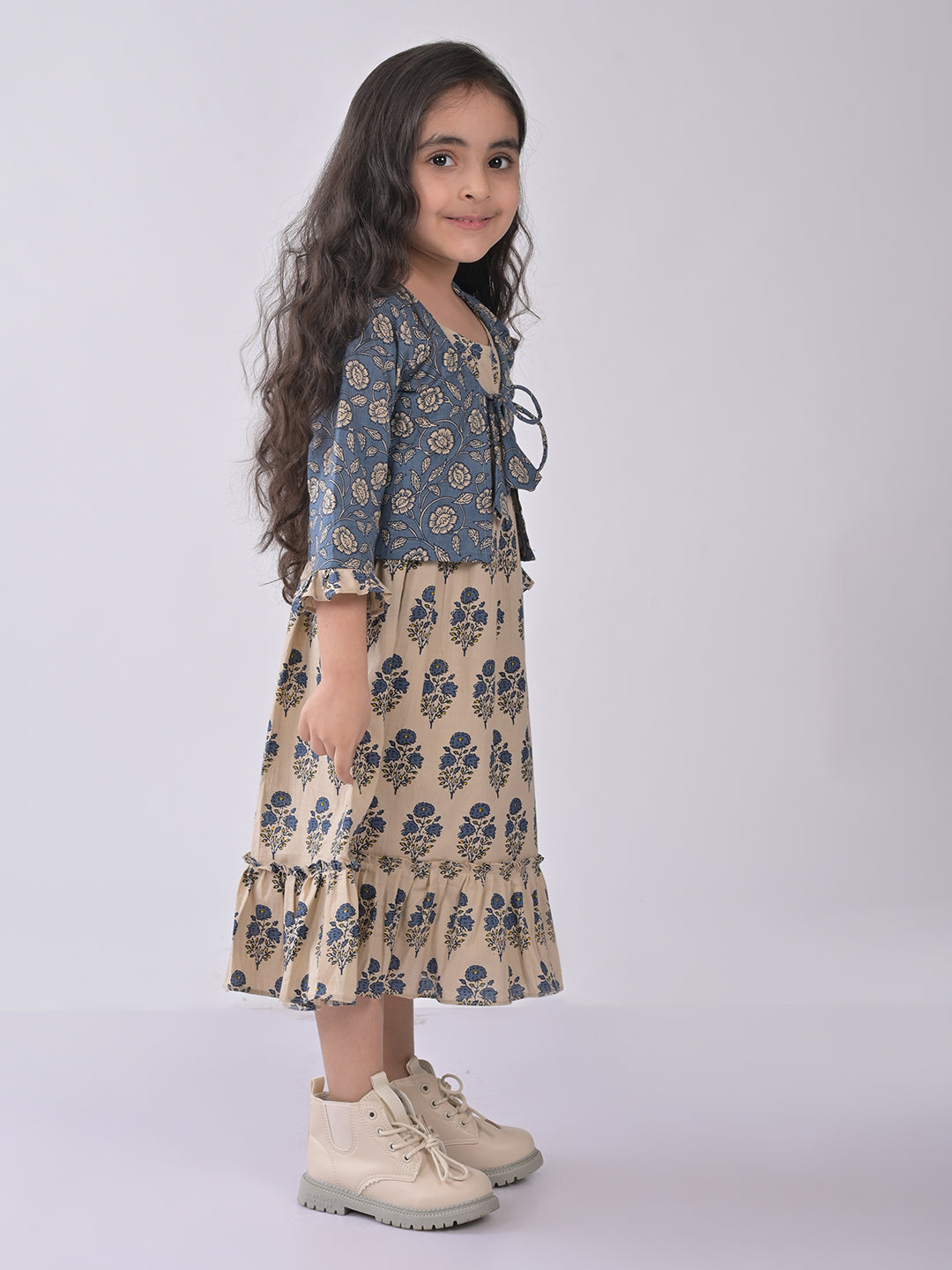 White sleeveless Dress with blue printed jacket