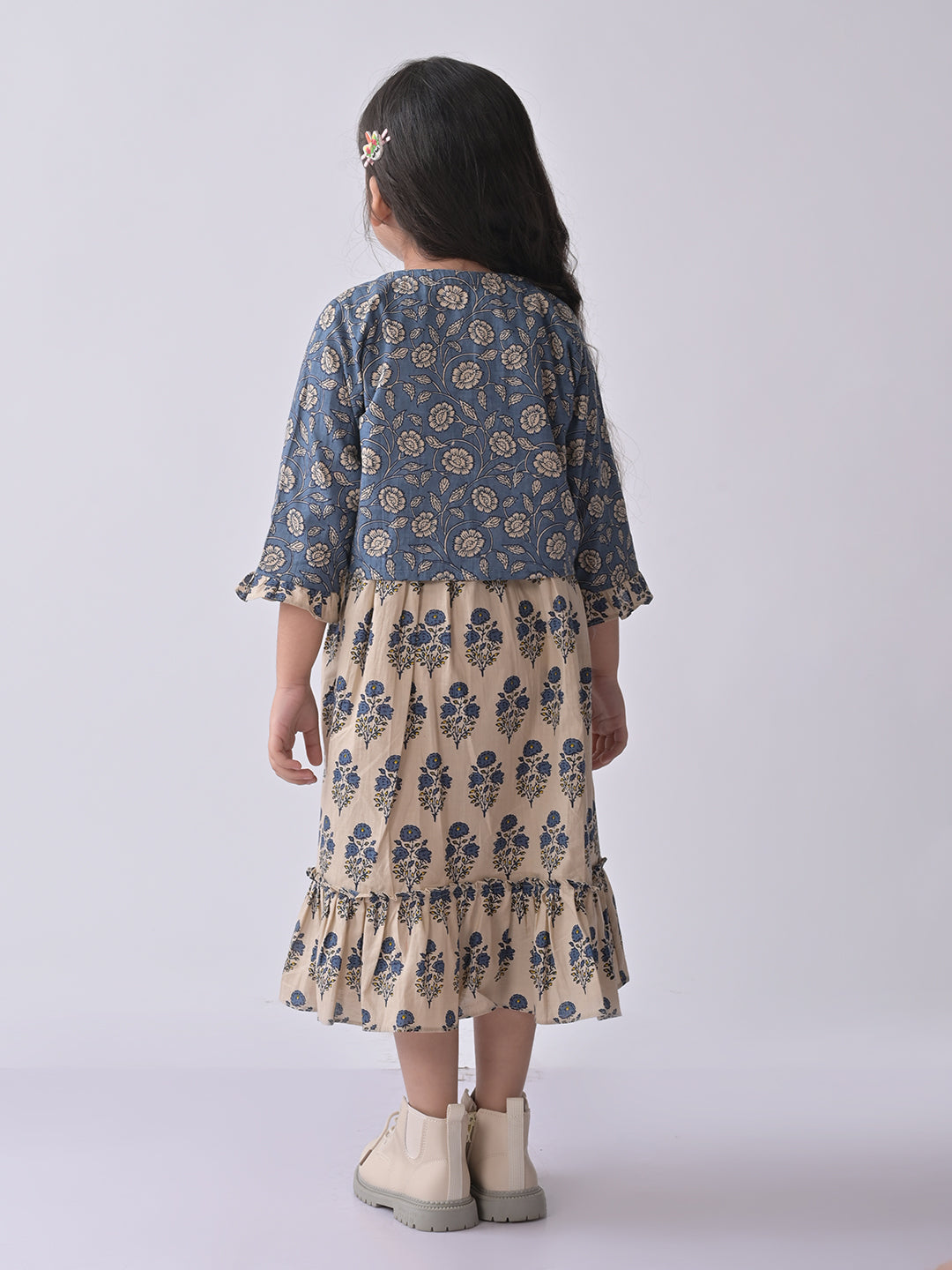 White sleeveless Dress with blue printed jacket