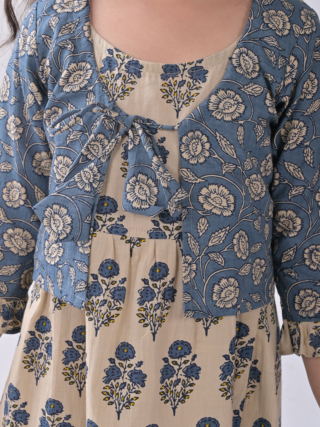 White sleeveless Dress with blue printed jacket