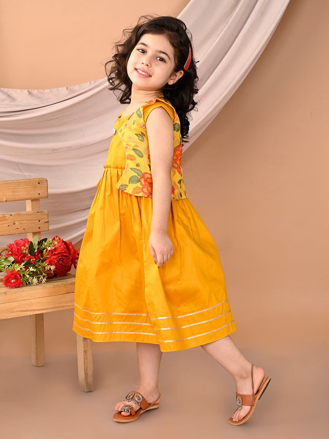 Yellow sleeveless Dress with yellow floral sleevelss jacket