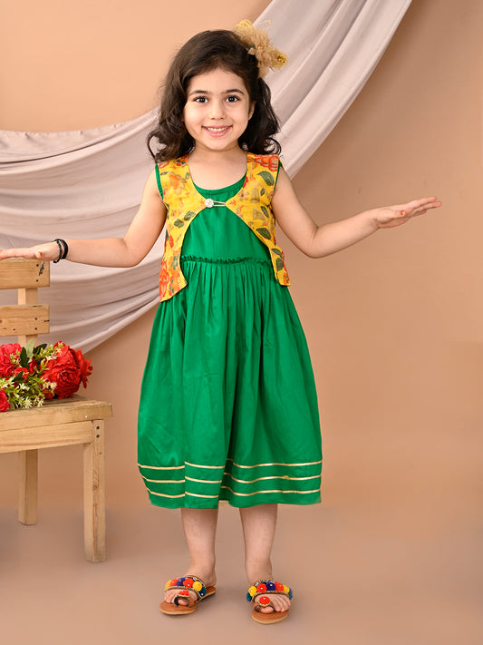 Green sleeveless Dress with yellow floral sleevelss jacket