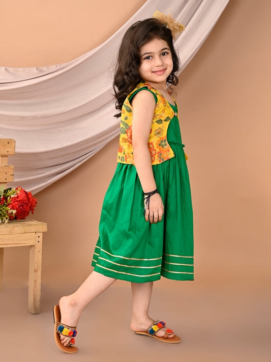 Green sleeveless Dress with yellow floral sleevelss jacket
