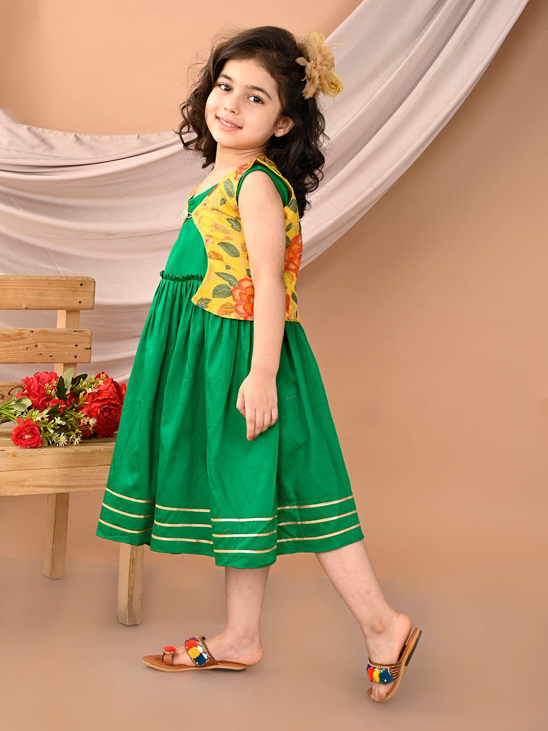 Green sleeveless Dress with yellow floral sleevelss jacket