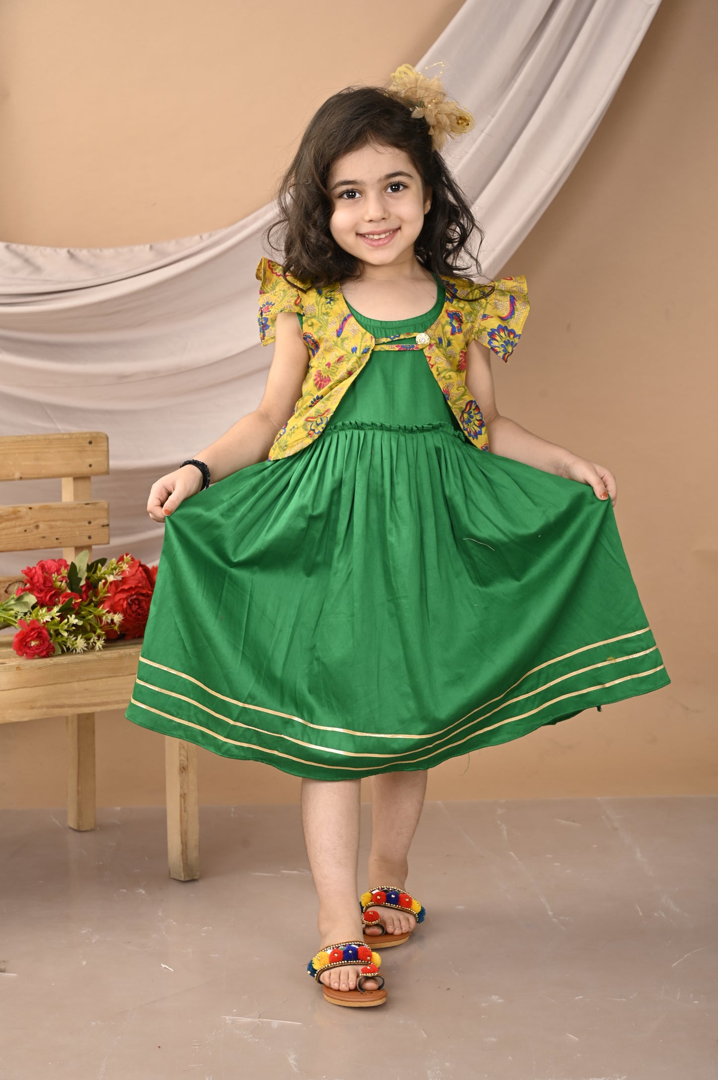 Green sleeveless Dress with yellow floral sleevelss jacket