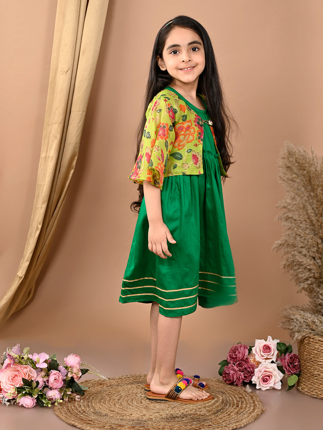 Green sleeveless Dress with Green floral bell sleeves jacket