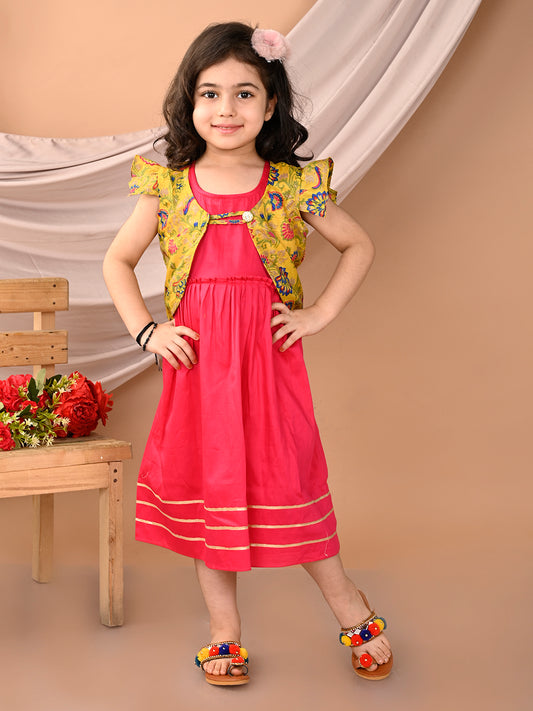 Pink sleeveless Dress with yellow floral cap sleeves muslin jacket