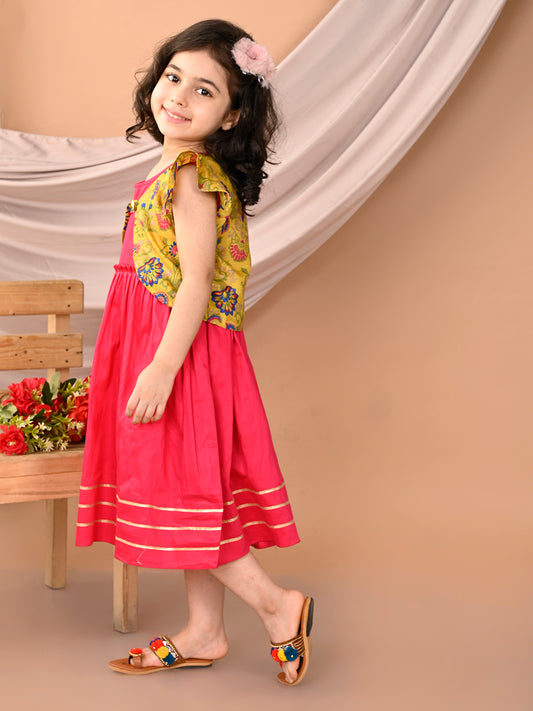 Pink sleeveless Dress with yellow floral cap sleeves muslin jacket