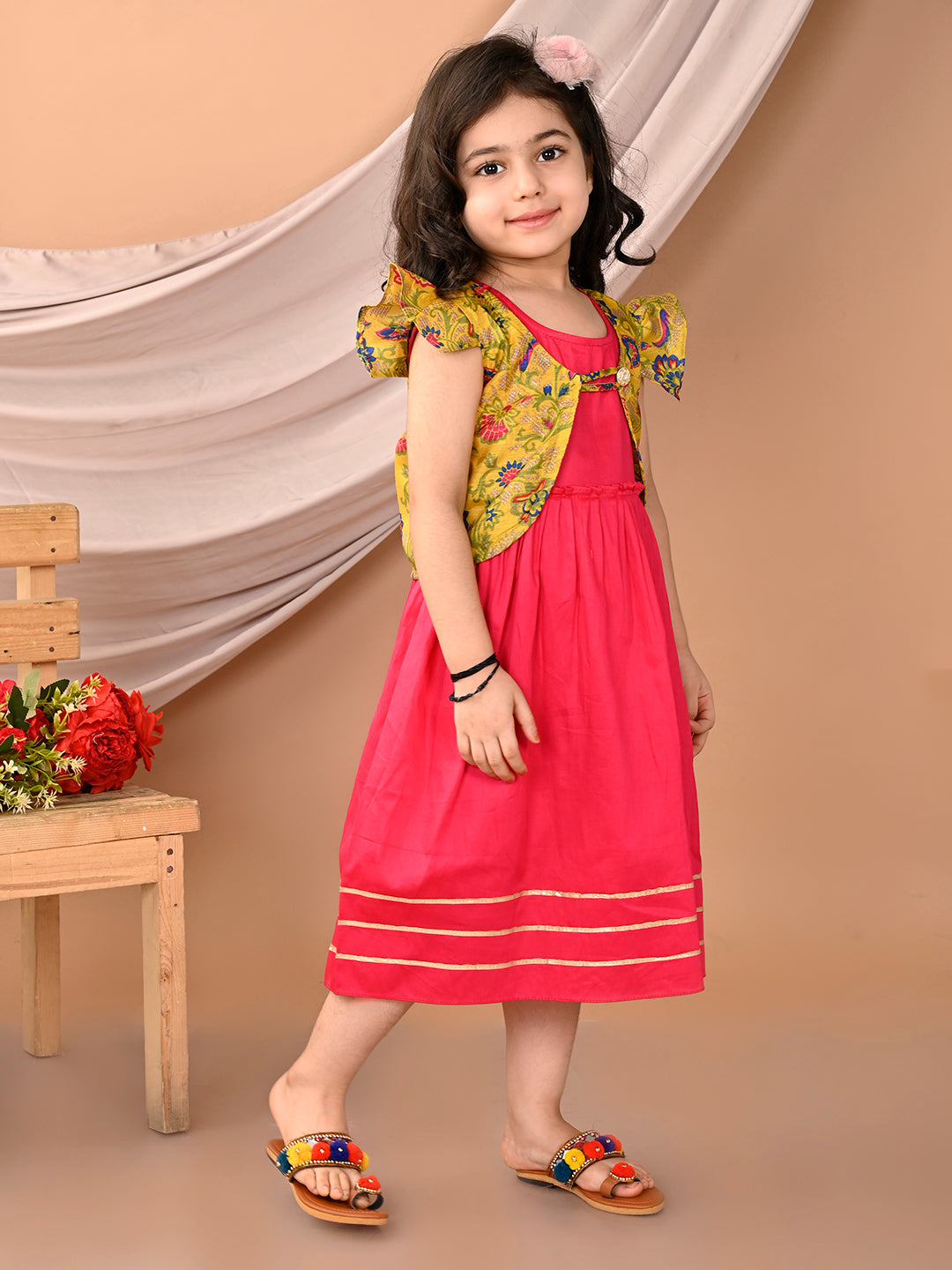 Pink sleeveless Dress with yellow floral cap sleeves muslin jacket