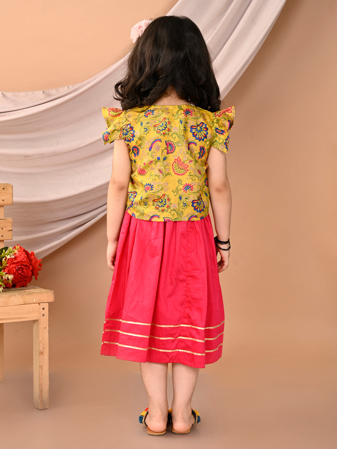 Pink sleeveless Dress with yellow floral cap sleeves muslin jacket