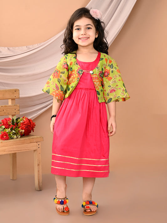 Pink sleeveless Dress with Green floral bell sleeves jacket