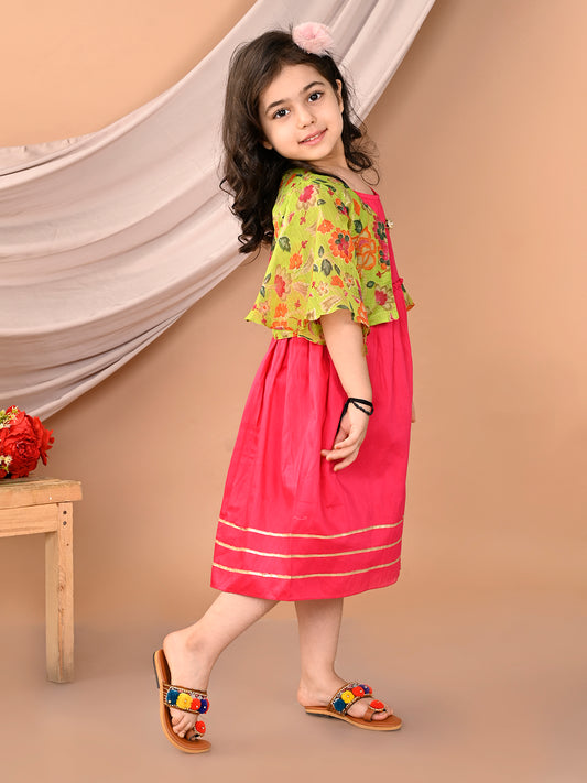 Pink sleeveless Dress with Green floral bell sleeves jacket