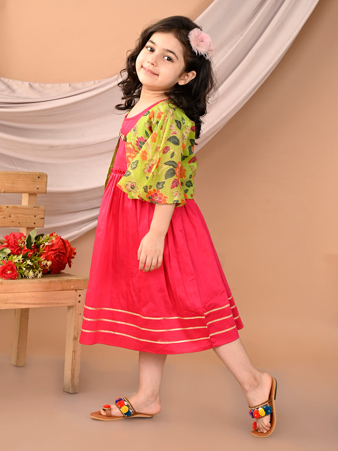 Pink sleeveless Dress with Green floral bell sleeves jacket