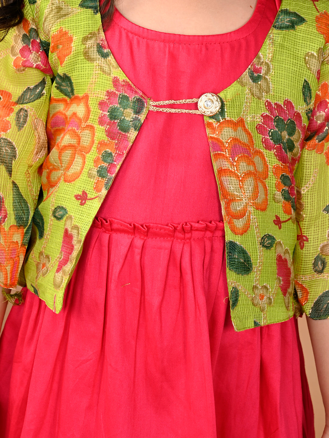 Pink sleeveless Dress with Green floral bell sleeves jacket