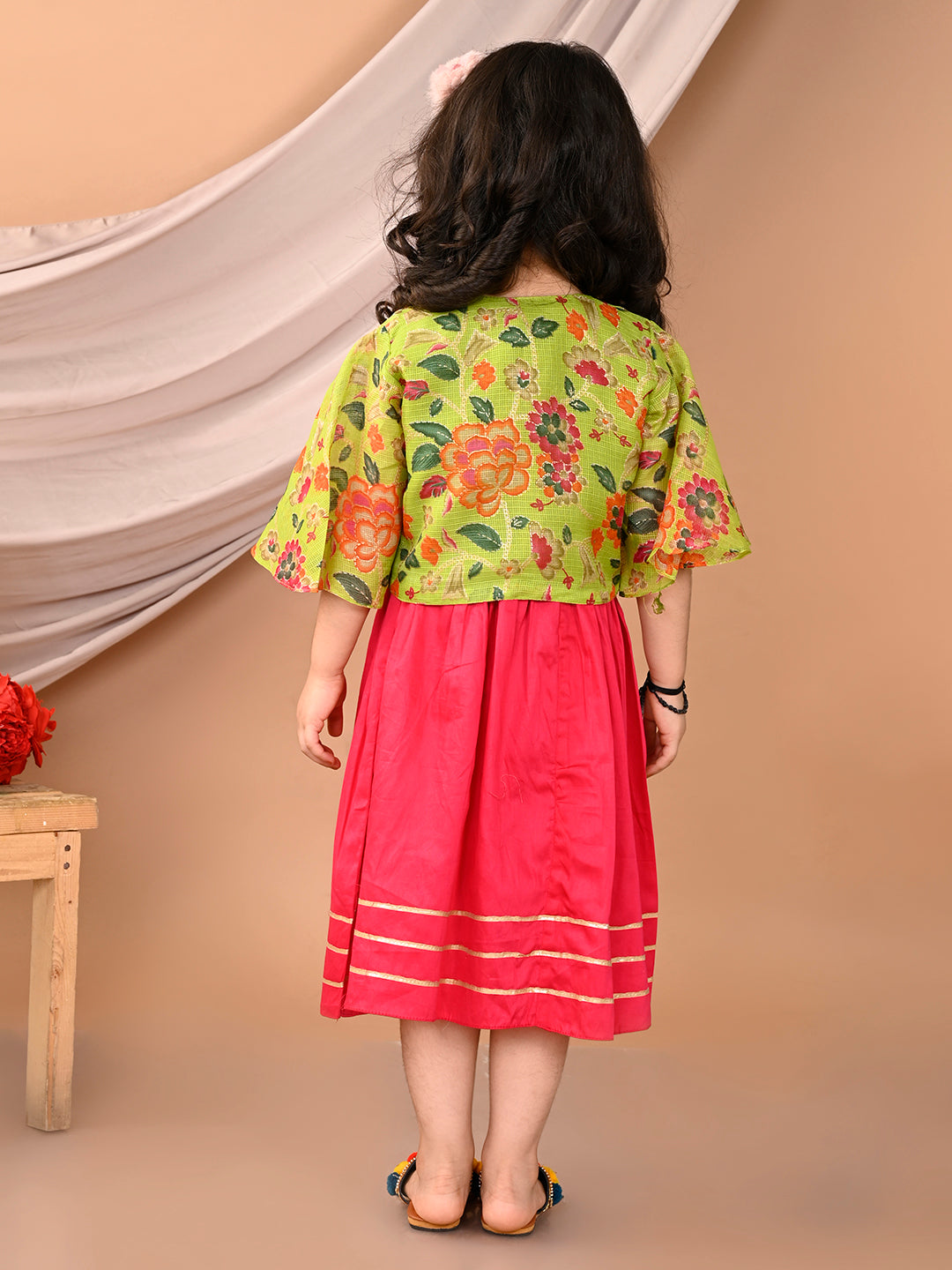 Pink sleeveless Dress with Green floral bell sleeves jacket